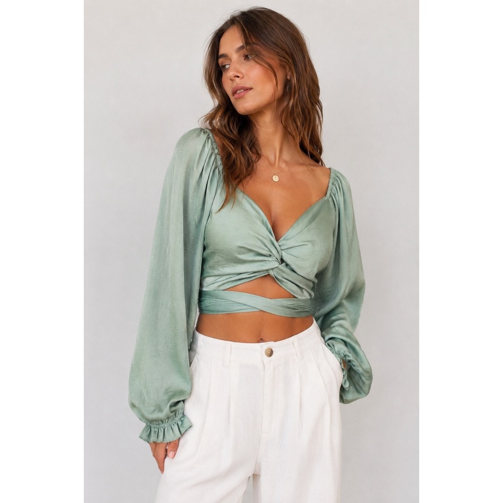 Mable Sage‎ Green Twist Front Crop Top Wrap Blouse Balloon Sleeve Boho Size S